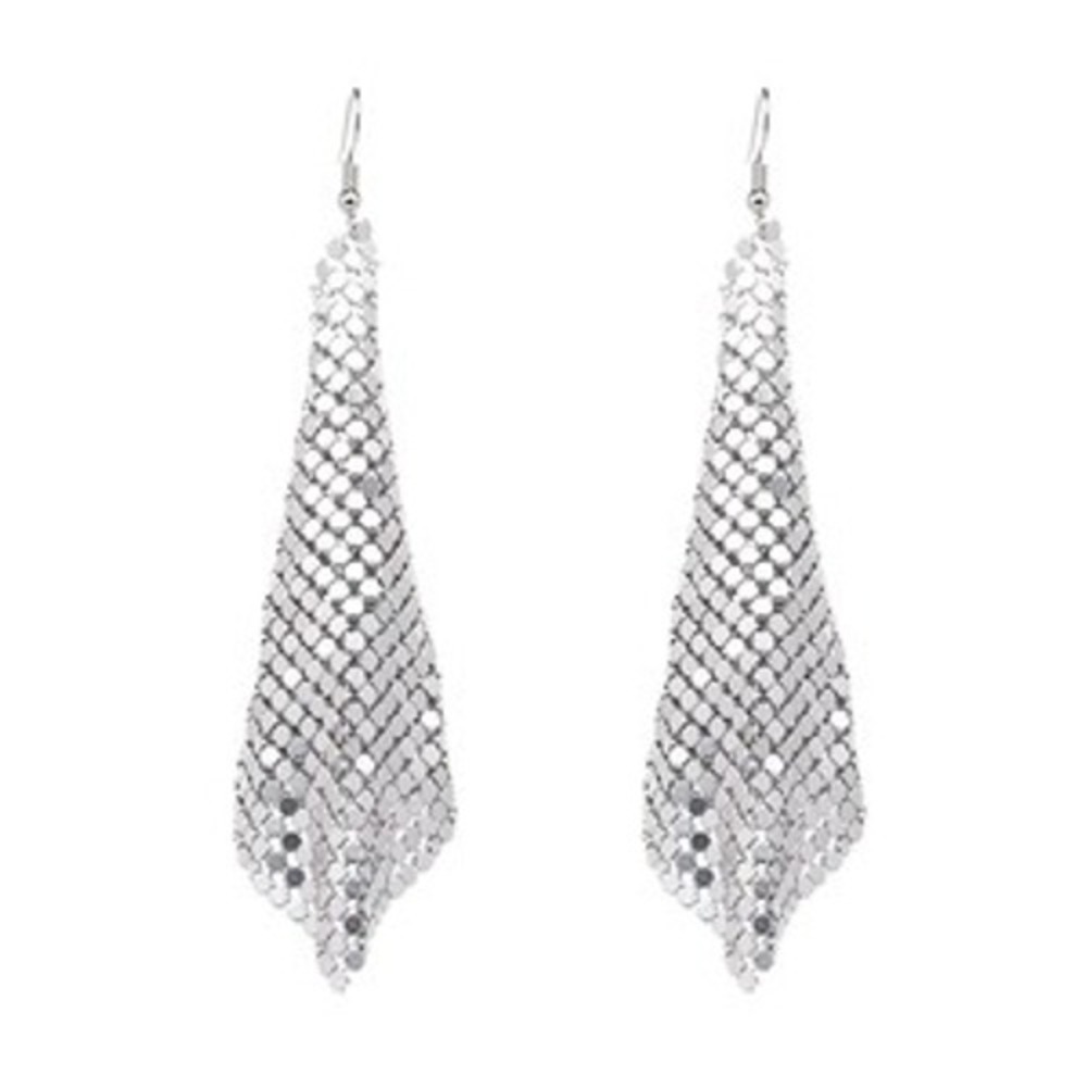 Silver Mesh Chainmail Drop Earrings Liquid Metal Tapered Triangle Dangle NEW